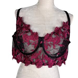 Torrid Floral Embroidered Mesh Underwire Bra 4X 26 Black Fuchsia